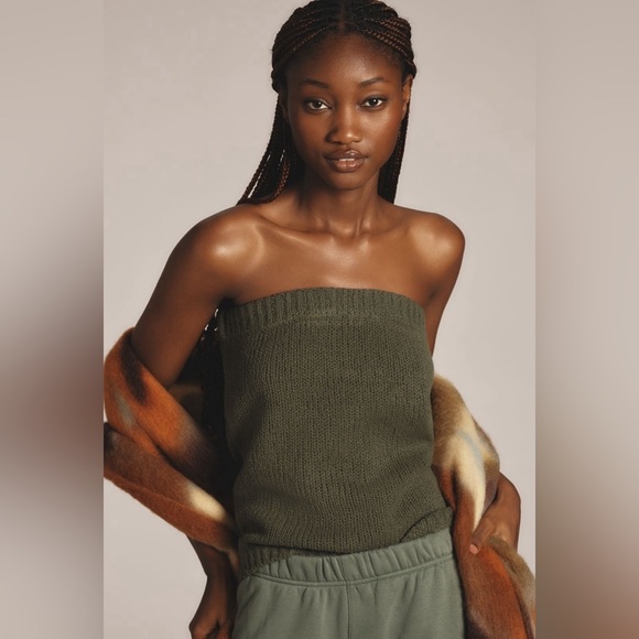 NWT! Anthropologie Dark Green Flat White Tube Top Sweater - Size Small 🏀 - Picture 1 of 7